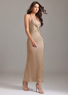 Azazie Valerie Bridesmaid Dresses Taupe Mermaid Pleated Stretch Satin Dress image4