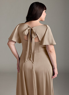 Azazie Kimber Bridesmaid Dresses Taupe A-Line Ruched Stretch Satin Dress image12