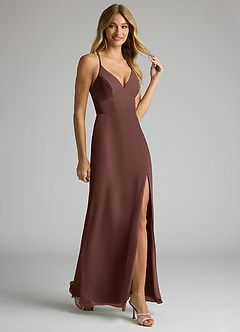 Azazie Becca Brautjungfernkleider Etui V-Hals Chiffon Kleid Espresso image2