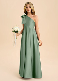 Azazie Penguin Junior Matcha A-Line Bow Stretch Satin Dress image5