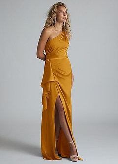 Azazie Maive Robes de demoiselle d'honneur Robe Fourreau en Satin extensible Rayé Caramel écossais image9