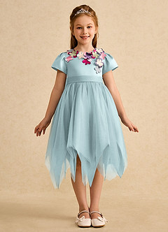 Azazie Janna Flower Girl Dresses Mist A-Line with Sleeves Matte Satin Dress image3