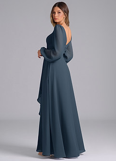 Azazie Liah Robes de demoiselle d'honneur Robe Trapèze en Mousseline de soie Manche longue Neptune image2