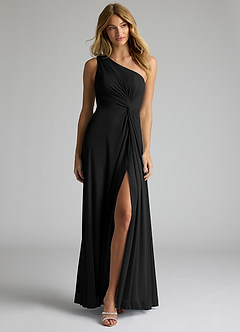 Azazie Brooke Vestidos de madrinha de casamento Vestir Preto de Malha de Linha A com Um ombro image4