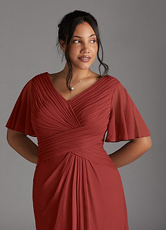 Azazie Emmeline Mother of the Bride Dresses Rust A-Line V-Neck Pleated Mesh Dress image9