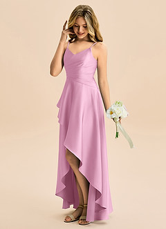 Azazie Eirlys Junior Robe Trapèze en Satin extensible Plissée Rose Bonbon image3