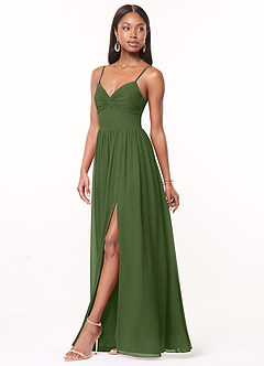 Azazie Zeya Bridesmaid Dresses Olive A-Line V-Neck Pleated Chiffon Dress image4