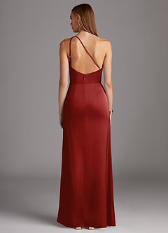 Azazie Mika Final Sale Pomegranate Sheath One Shoulder Stretch Satin Dress image2