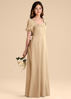 Azazie Briar Junior Vestido de Champán de Satén Elástico de Corte en A con Lazo image6