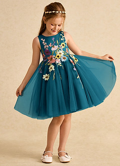 Azazie Prima Flower Girl Dresses Ink Blue A-Line Bow Tulle Dress image3