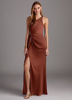 Azazie Mika Bridesmaid Dresses Clay Sheath One Shoulder Stretch Satin Dress image3
