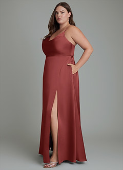 Azazie Sarella Robes de demoiselle d'honneur Robe Trapèze en Satin extensible Plissé Terracotta image12