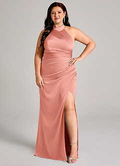 Azazie Jemma Robes de demoiselle d'honneur Robe Fourreau en Satin extensible Plissée Corail image10