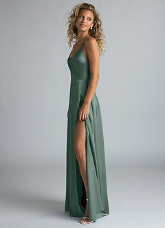 Azazie Davis Bridesmaid Dresses Sea Moss A-Line Pleated Stretch Satin Dress image6