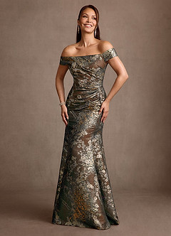 Azazie Aurora vestidos de madre de la novia Vestido Mocha Coco de Jacquard Floral de Corte Sirena con Hombros descubiertos image3