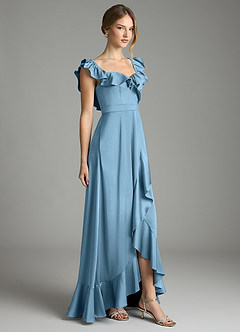 Azazie Lyra Bridesmaid Dresses Steel Blue A-Line Off the Shoulder Stretch Satin Convertible Dress image5