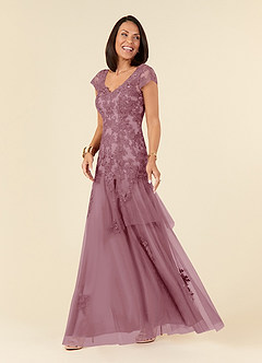 Azazie Romy Mother of the Bride Dresses Vintage Mauve Mermaid V-Neck Sequins Tulle Dress image2