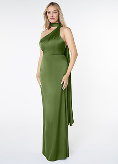 Azazie Kaylani Brautjungfernkleider Meerjungfrau-Linie Hoher Kragen Stretch-Satin Kleid Wacholder image3