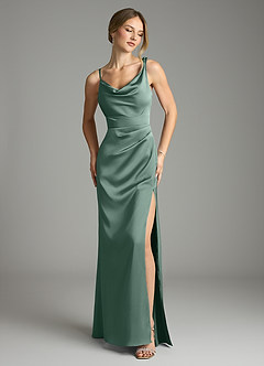 Azazie Samara Robes de demoiselle d'honneur Robe Sirène en Satin extensible Plissée Eucalyptus image1
