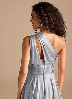 Azazie Charlize Bridesmaid Dresses Silver A-Line One Shoulder Metallic Satin Dress image3