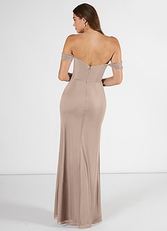 Azazie Kit Bridesmaid Dresses Taupe Mermaid Off the Shoulder Mesh Dress image2
