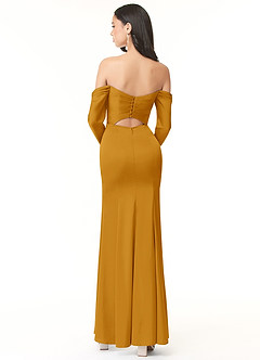Azazie Hallie Vestidos de damas de honor Vestido de Caramelo de Satén Elástico de Corte Recto Convertible con Manga larga con hombros descubiertos image4