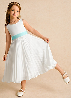 Azazie Margot Flower Girl Dresses Ivory Aqua A-Line Pleated Chiffon Dress image3