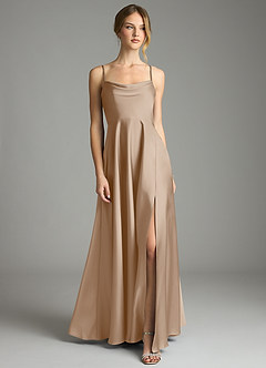Azazie Elle Bridesmaid Dresses Taupe A-Line Pleated Stretch Satin Dress image1