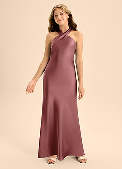 Azazie Doretta Junior Amethyst A-Line Pleated Stretch Satin Dress image4