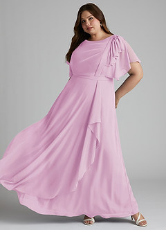 Azazie Aaliyah Bescheidene Brautjungfernkleider A-Linie Schaufel Gefaltet Chiffon Bodenlänge Kleid image8