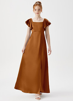 Azazie Bondi Junior Copper A-Line Side Slit Metallic Satin Dress image4