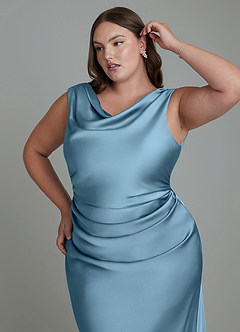 Azazie Kieryn Bridesmaid Dresses Steel Blue Mermaid Pleated Stretch Satin Dress image12