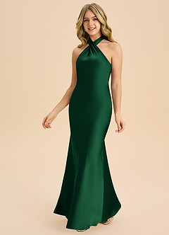 Azazie Chickie Junior Jurk van Stretch Satijn met Kolom Geplooid Donkergroen image5