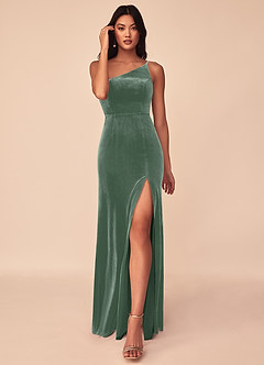 Azazie Kala Bridesmaid Dresses Eucalyptus A-Line One Shoulder Velvet Dress image1