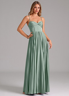 Azazie Akiko At-home Try On Dresses Agave A-Line Sweetheart Neckline Stretch Satin Dress image3