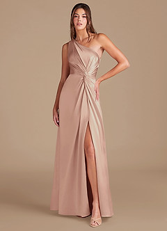 Azazie Brooke Bridesmaid Dresses English Rose A-Line One Shoulder Metallic Satin Dress image1