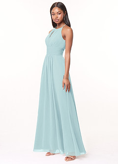 Azazie Bonnie Robes de demoiselle d'honneur Robe Trapèze en Mousseline de soie Trou de serrure froncé Verre De Mer image3