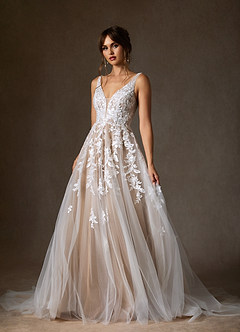 Azazie Sorella Hochzeitskleider A-Linie V-Hals Pailletten Tüll Kleid Diamantweiß Nude image7