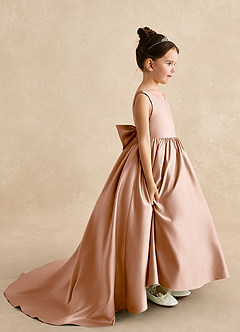 Azazie Mimia Flower Girl Dresses Champagne Rose A-Line Bow Matte Satin Dress image1