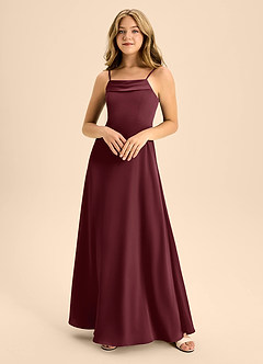 Azazie Anselie Junior Cabernet A-Line Off the Shoulder Stretch Satin Dress image3