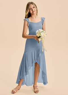 Azazie Junie Junior Dusty Blue A-Line Ruched Chiffon Dress image1