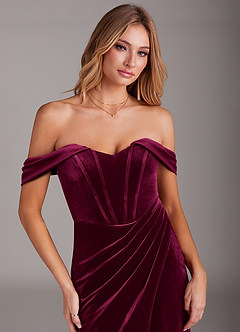 Azazie Jas At-home Try On Dresses Black Sheath Off-The-Shoulder Corset Velvet Convertible Dress image5