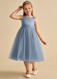 Azazie Winnie Flower Girl Dresses Dusty Blue Ball-Gown Bow Tulle Dress image4