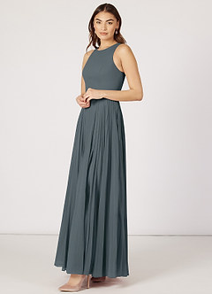 Azazie Lindie Final Sale Pewter A-Line Scoop Pleated Chiffon Dress image10