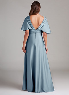 Azazie Pamela Robes de demoiselle d'honneur Robe Trapèze en Satin extensible Plissée Bleu Poussiéreux image2