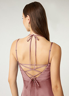 Azazie Desi Abiti da Damigella Abito Tubino in Raso Elasticizzato in Pizzo con Scollo Halter Rosa Polverosa image3