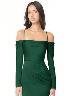 Azazie Hallie Bridesmaid Dresses Dark Green Sheath Off-The-Shoulder Long Sleeve Stretch Satin Convertible Dress image2