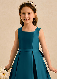 Azazie Josie Jurken voor bloemenmeisjes A-lijn Jurk van Mat Satijn Geplooide Inkt Blauw image5