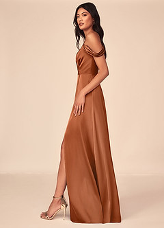 Azazie Ocean At-home Try On Dresses Rosette A-Line V-Neck Pleated Stretch Satin Dress image3