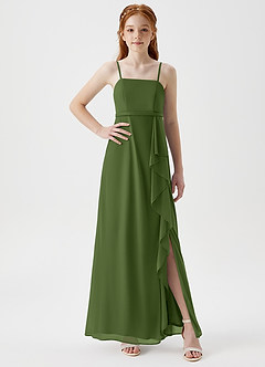 Azazie Kaylee Junior A-Linie Gürtel/Schärpe Gittergewebe Kleid Olivgrün image1
